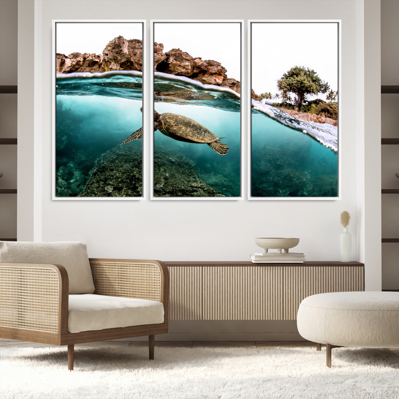 44200301-MGV-FC-48X32-3P-Sea Turtle Wall Art Canvas Print, Framed Ocean Life Art Picture Print, Tropical Perfect Coastal Decor