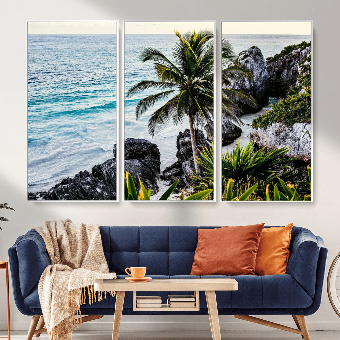 94669907-MGV-CV-36X24 - Tropical Palm Wall Art – Coastal Rocks Canvas Print, Ocean Breeze, Sandy Shore, Vibrant Green Foliage for Living Room or Beach House Decor