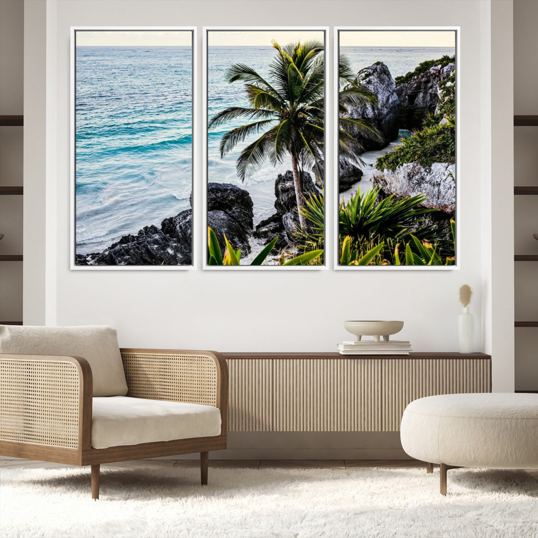 Framed canvas of a vibrant tropical coastline with palm trees, rocky cliffs, and turquoise waters, ideal for tropical coastal home decor.