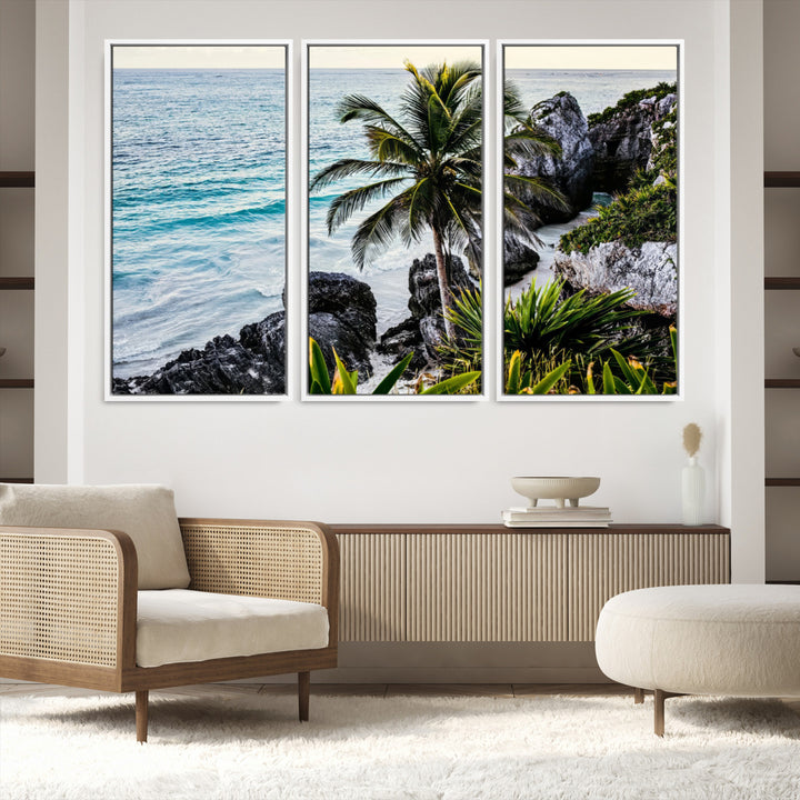 Framed canvas of a vibrant tropical coastline with palm trees, rocky cliffs, and turquoise waters, ideal for tropical coastal home decor.