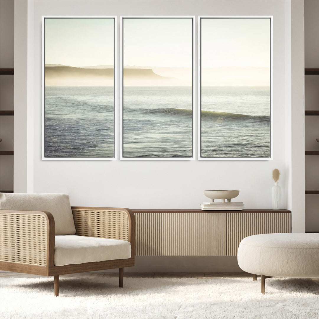 Canvas of a misty ocean scene with coastal cliffs and soft neutral tones, ideal for Scandinavian coastal or minimalist nature-inspired home decor.
