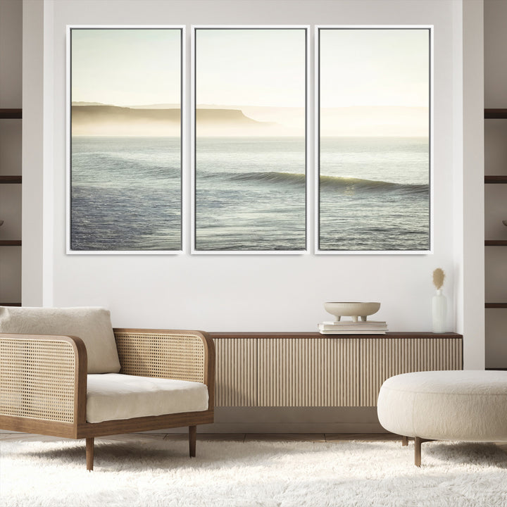 Canvas of a misty ocean scene with coastal cliffs and soft neutral tones, ideal for Scandinavian coastal or minimalist nature-inspired home decor.