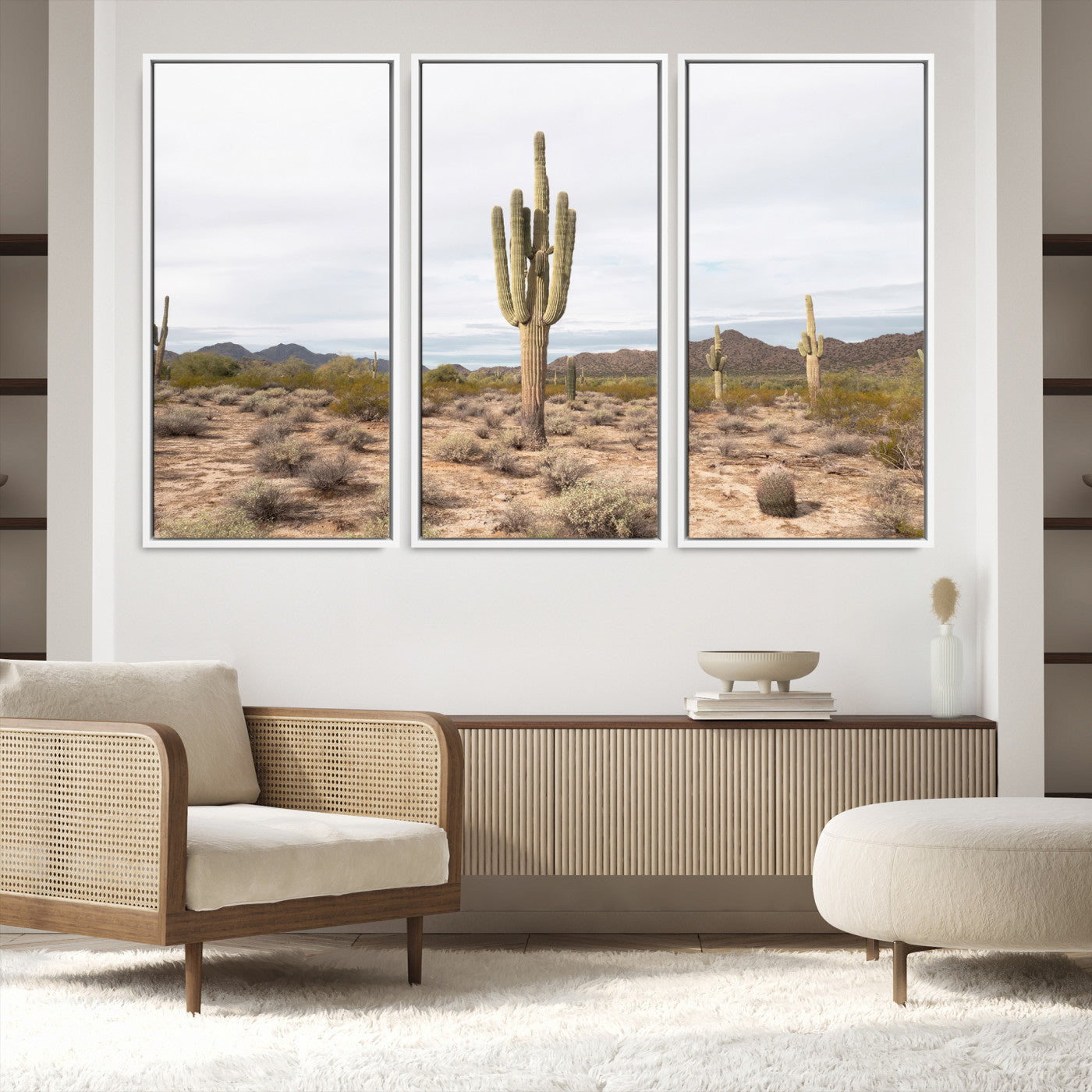 96147924-MGV-FC-48X32-3P-Saguaro Cactus Wall Art Canvas Print, Framed Desert Art Picture Print, Minimalism Perfect Boho Decor, Framed Saguaro Cactus Canvas