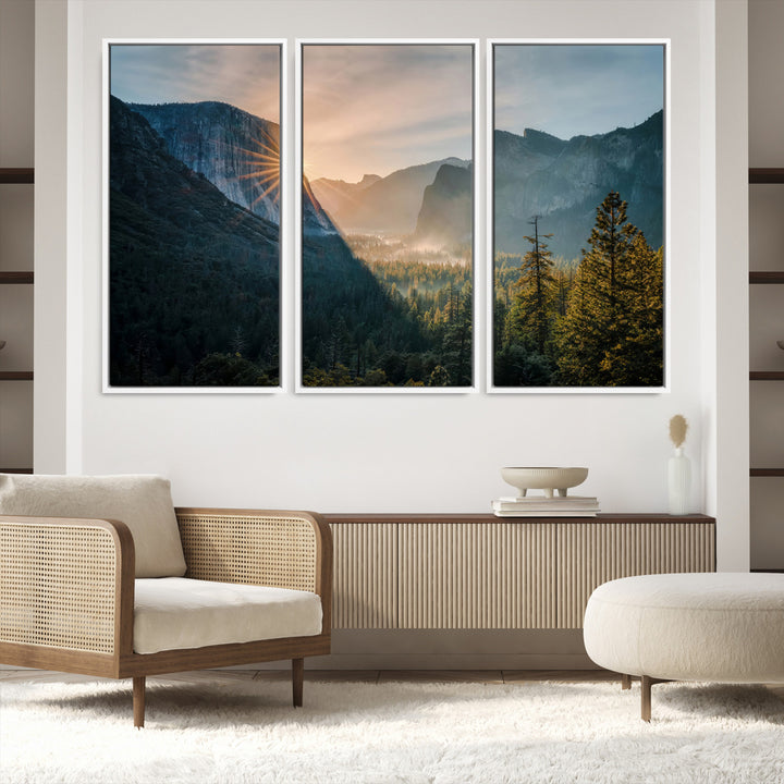 Canvas of Yosemite Valley at sunrise with dramatic rays and earthy tones, perfect for vintage explorer or wilderness-themed home decor.