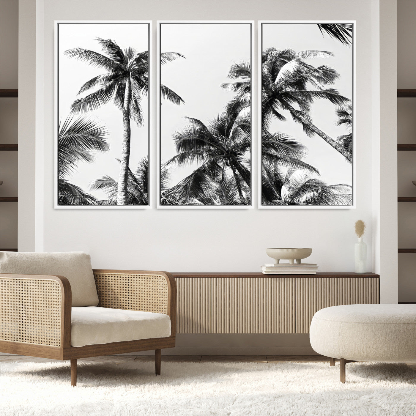 46641801-MGV-FC-48X32-3P-Palm Wall Art Canvas Print, Framed Tropics Art Picture Print, Monochrome Perfect Minimalist Decor