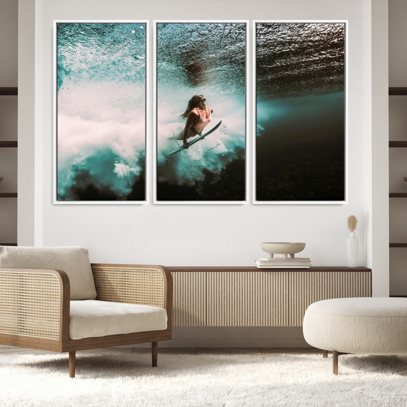 85923512-MGV-FC-48X32-3P-Vibrant Aquatic Motion Wall Art Canvas Print, Framed Underwater Swimming Art Picture Print, Female Surfer Diving Perfect Coastal Boho Decor,
