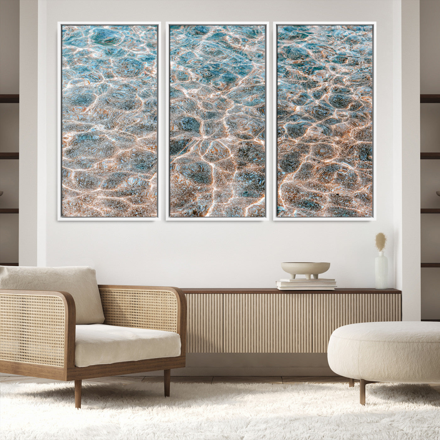 26580287-MGV-FC-48X32-3P-Clear Water Wall Art Canvas Print, Framed Sunlit Ripples Art Picture Print, Ocean Texture Perfect Modern Coastal Decor