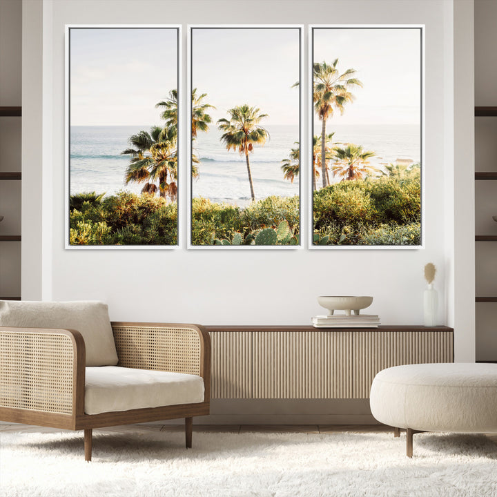 Framed print of sunlit palm trees on the California coast with warm tones, perfect for coastal minimalist or beach-style home decor.