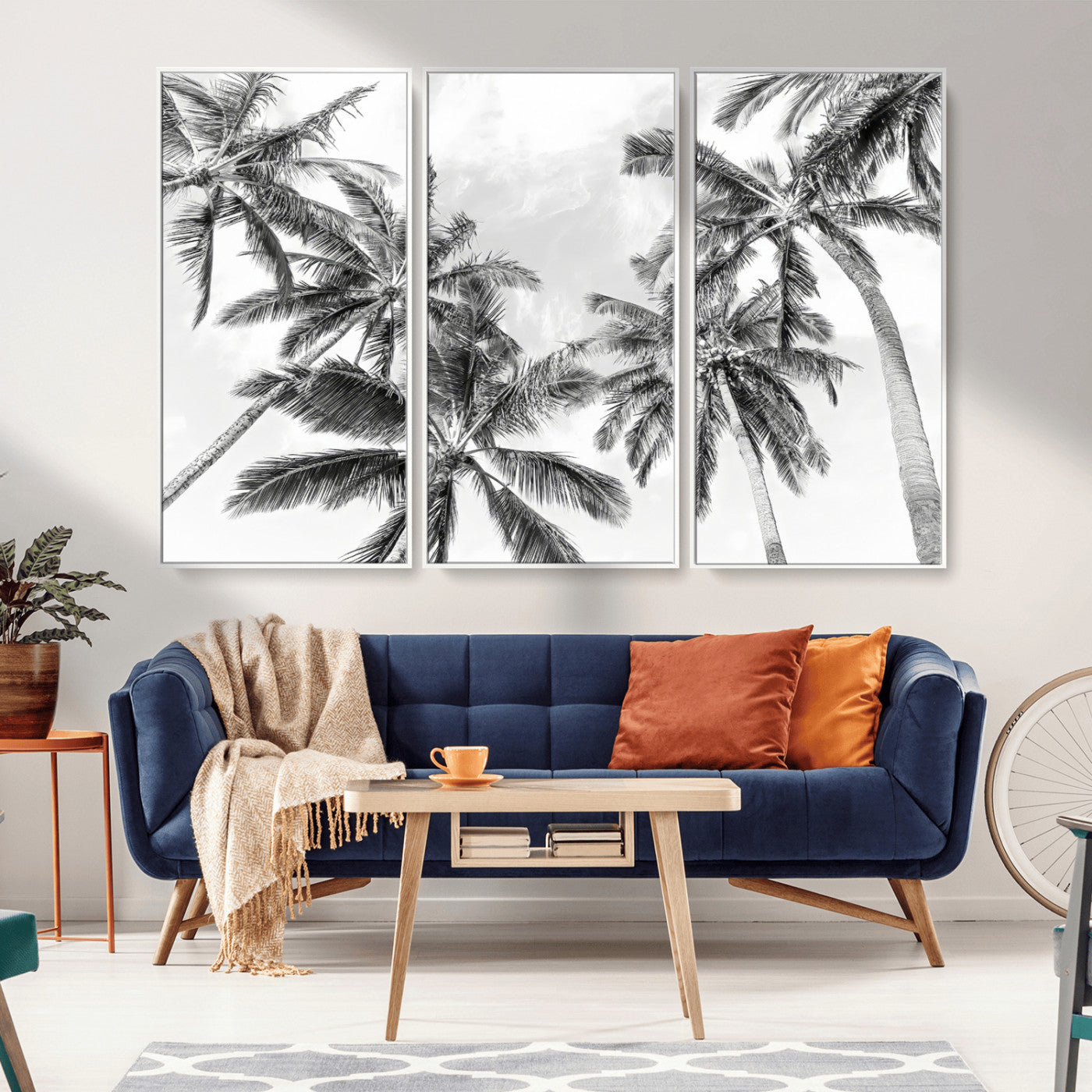 MGV-FC-48X32-3P - Black White Palm Wall Art Canvas Print, Framed Monochrome Tropics Art Picture Print, Minimalist Beach Perfect Coastal Minimalist Decor Artwork