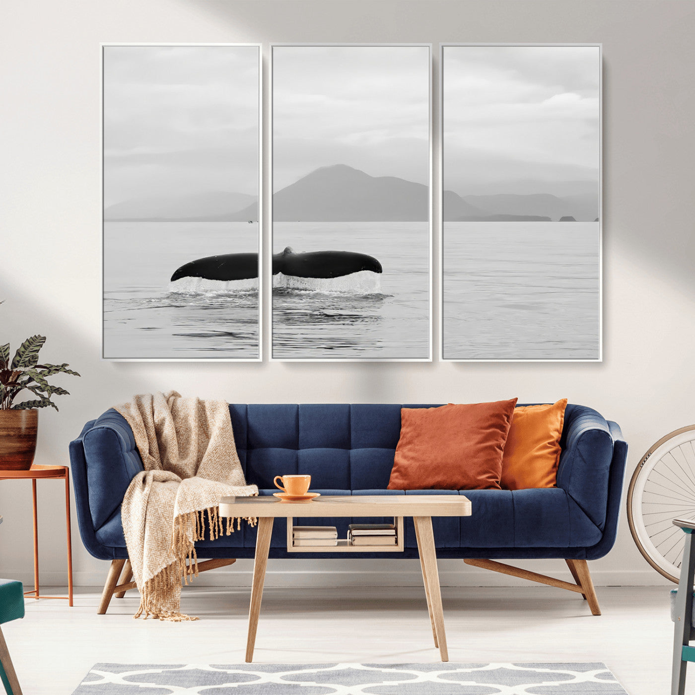 MGV-FC-48X32-3P - Whale Tail Wall Art Canvas Print, Framed Black White Ocean Art Picture Print, Calm Marine Perfect Minimalist Coastal Decor Artwork
