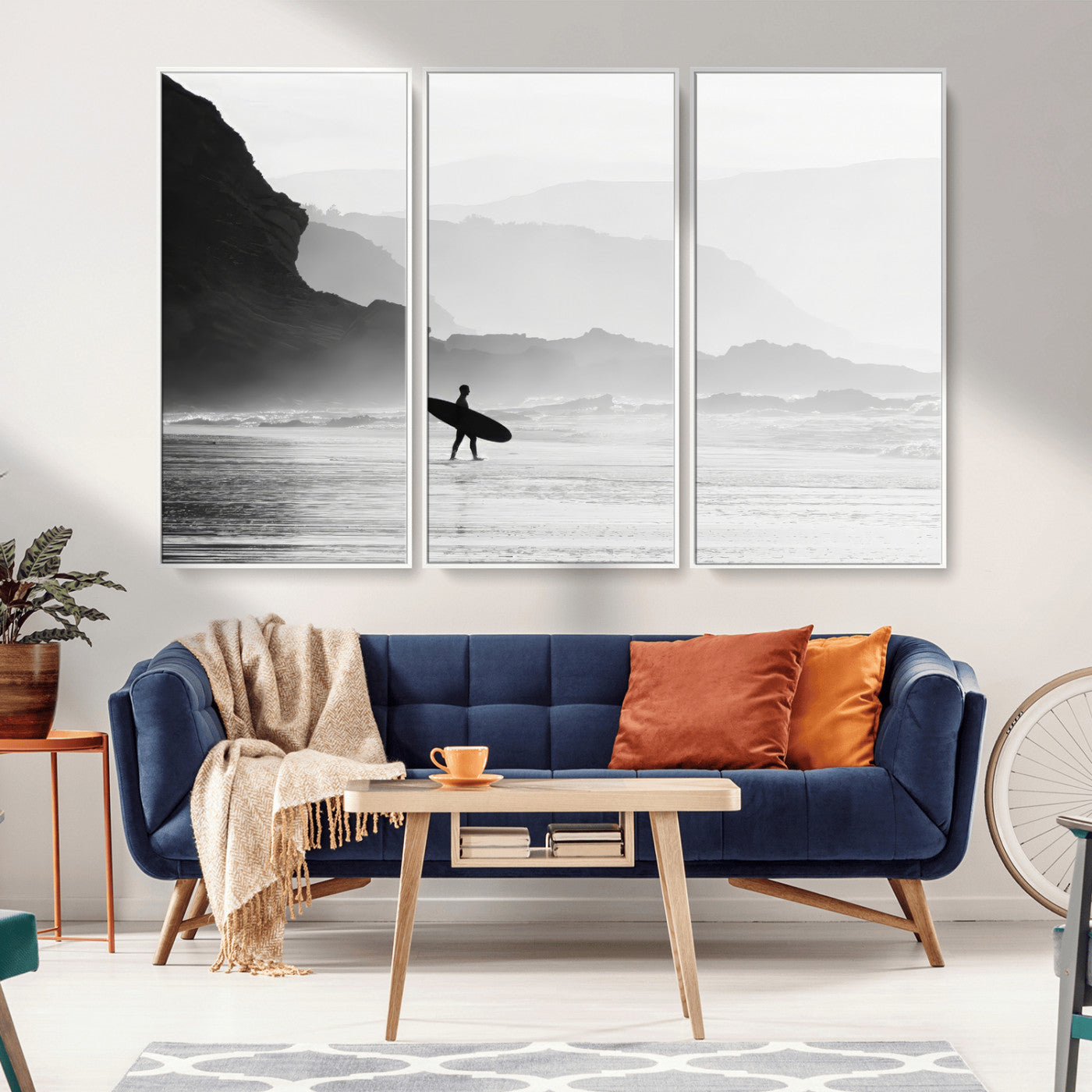 MGV-FC-48X32-3P - Surfer In Fog Wall Art Canvas Print, Framed Moody Shoreline Art Picture Print, Cliffside Waves Perfect Minimalist Coastal Decor Artwork