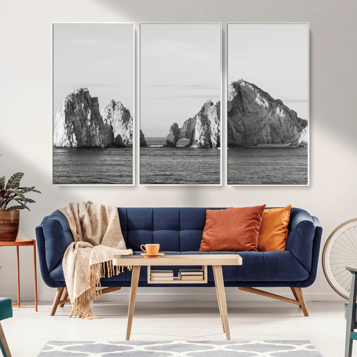 MGV-FC-48X32-3P - Rugged Coastline Wall Art Canvas Print, Framed Ocean Cliffs Art Picture Print, Monochrome Seascape Perfect Coastal Minimalist Decor Artwork