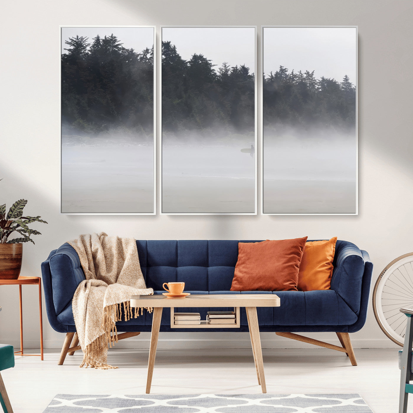 59703275-MGV-CV-36X24-Surfer Fog Wall Art Canvas Print – Framed Foggy Beach Scene with Coastal Surf Artwork for Home, Office, Living Room