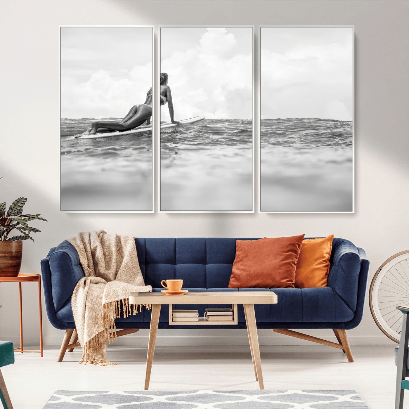 69798068-MGV-CV-36X24-Black and White Surfing Wall Art Canvas Print – Framed Ocean Horizon with Surfer Girl Coastal Adventure Artwork for Home, Office