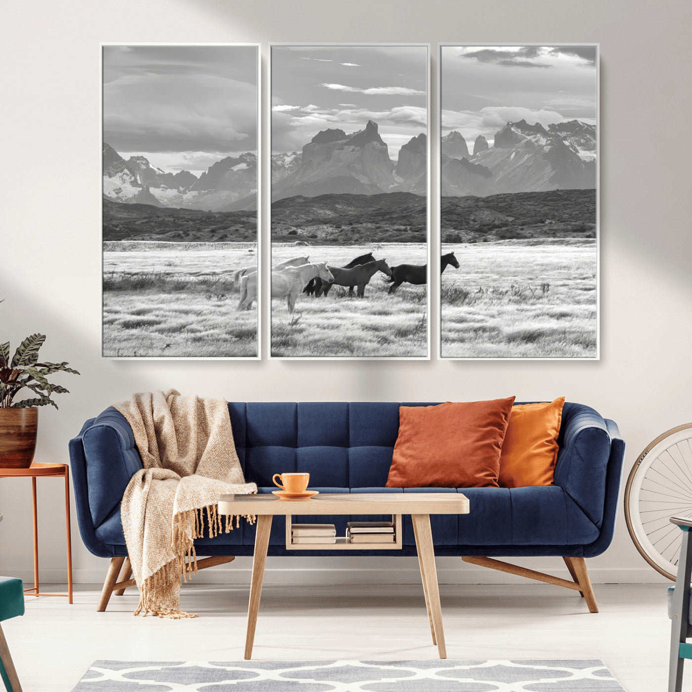 MGV-FC-48X32-3P - Wild Horses Wall Art Canvas Print, Framed Black White Mountains Art Picture Print, Rustic Countryside Perfect Rustic Western Decor Artwork