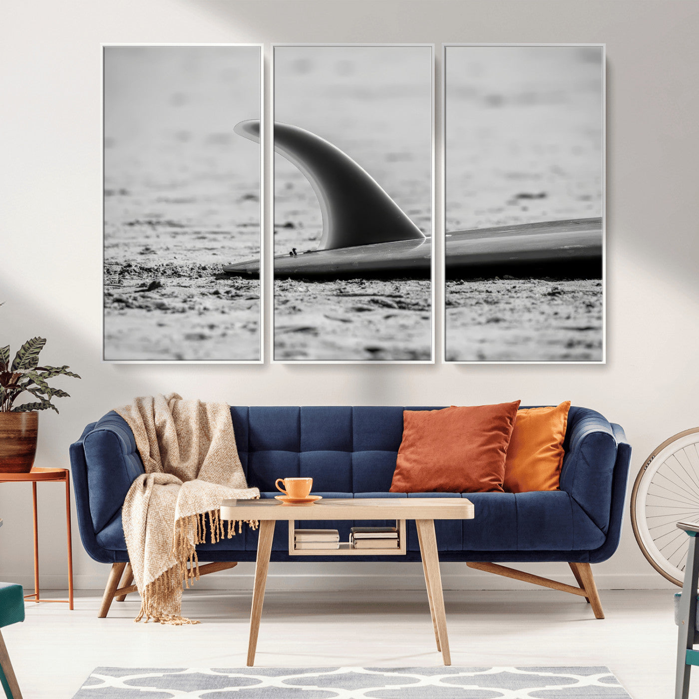 MGV-FC-48X32-3P - Black White Surfboard Wall Art Canvas Print, Framed Minimalist Beach Art Picture Print, Surf Fin Perfect Minimalist Coastal Decor Artwork