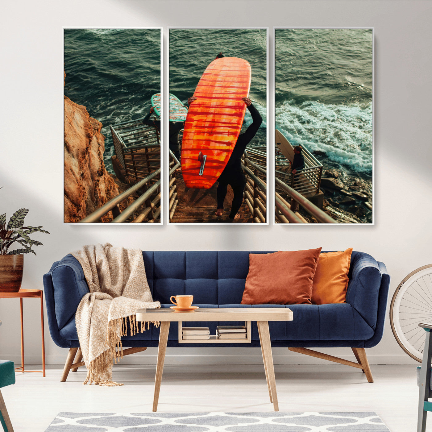 MGV-FC-48X32-3P - Surfer Stairway Wall Art Canvas Print, Framed Ocean Surf Art Picture Print, Sunset Coastal Perfect Coastal Adventure Decor Artwork