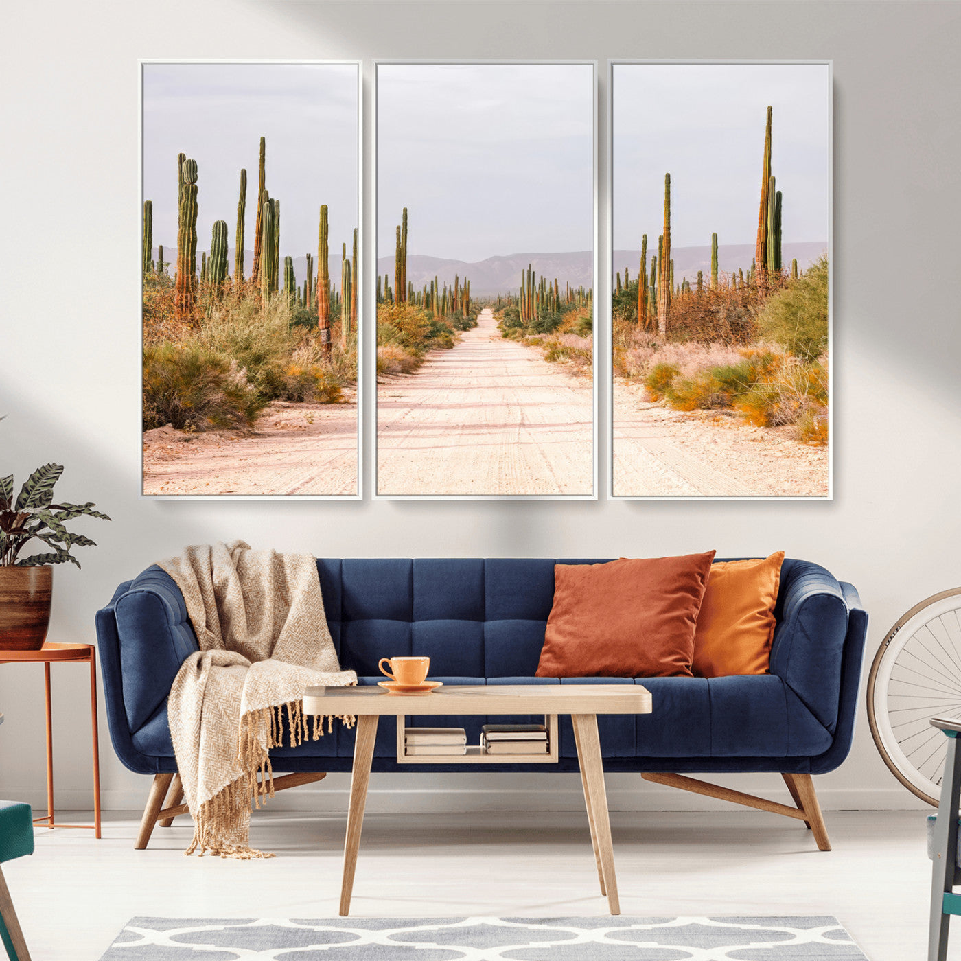 MGV-FC-48X32-3P - Desert Cactus Lined Road Wall Art Canvas Print, Framed Southwestern Landscape Art Picture Print, Bohemian Western Aesthetic Perfect Southwestern Boho Decor Artwork