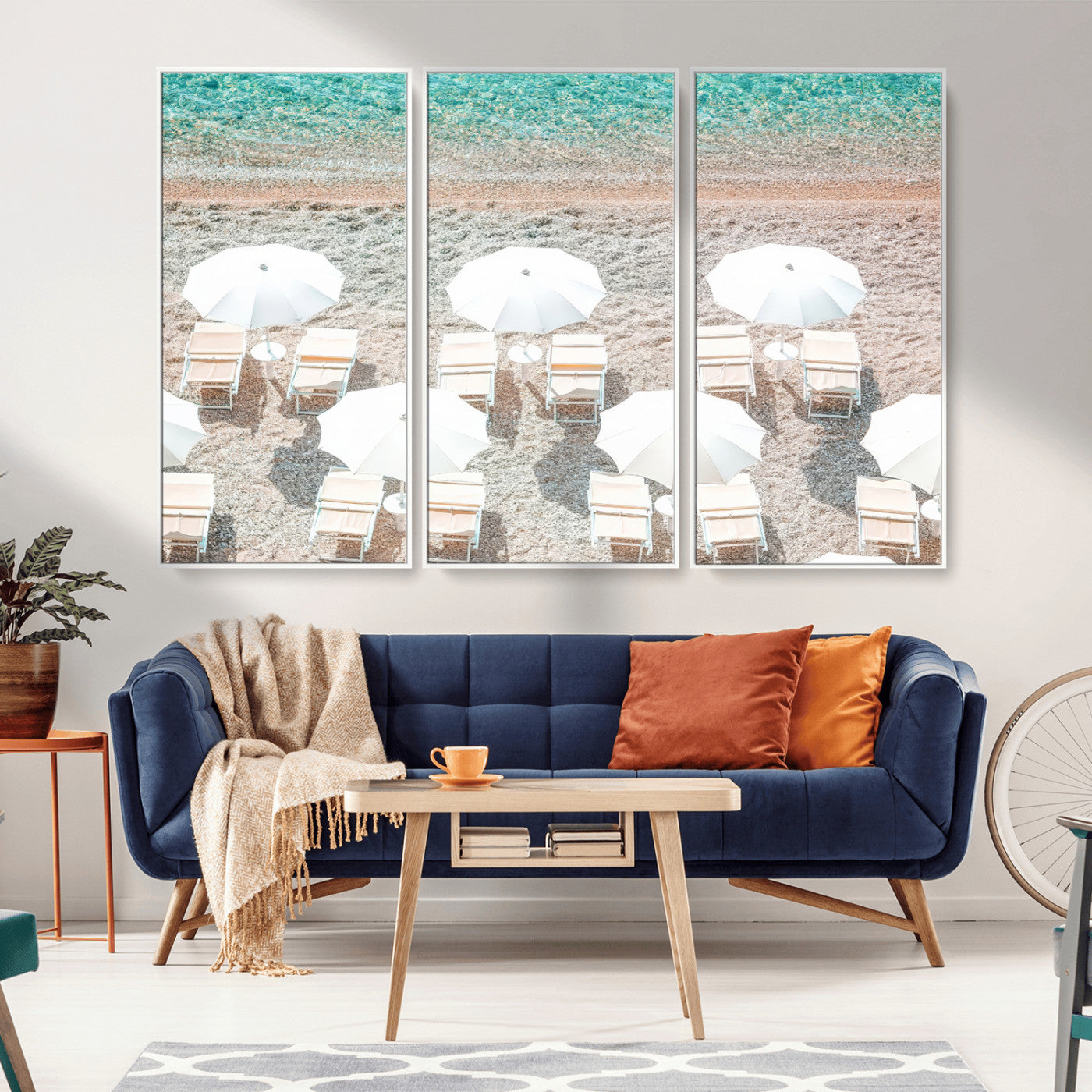 MGV-FC-48X32-3P - Calm Beach Wall Art Canvas Print, Framed Turquoise Water Art Picture Print, Umbrella Shoreline Perfect Coastal Minimalist Decor Artwork
