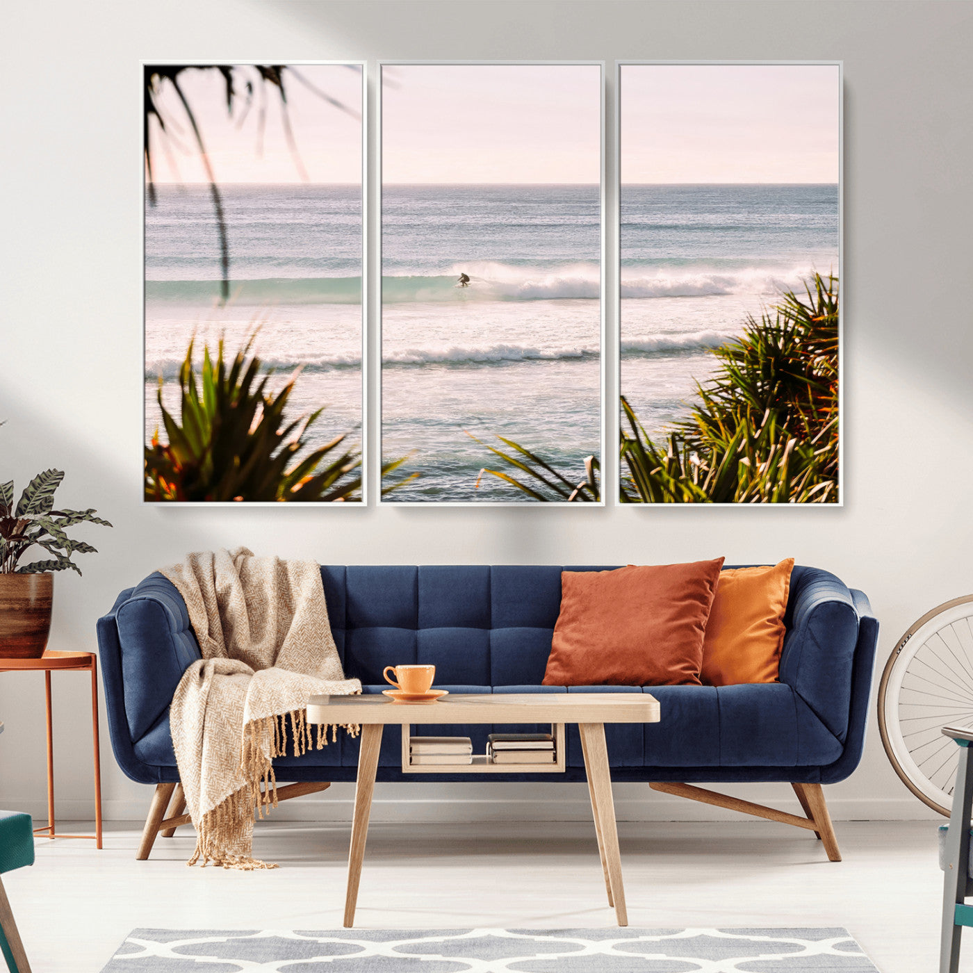 MGV-FC-48X32-3P - Ocean Surfer Wall Art Canvas Print, Framed Coastal Surf Art Picture Print, Tropical Beach Perfect Tropical Coastal Decor Artwork