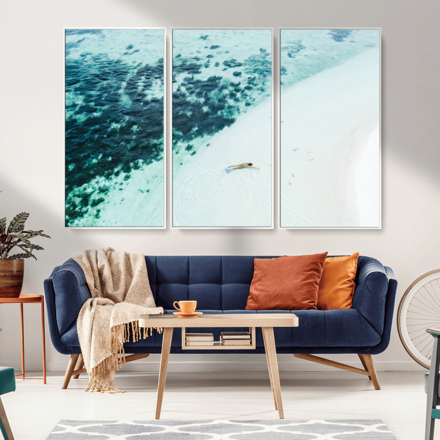 MGV-FC-48X32-3P - Minimal Beach Wall Art Canvas Print, Framed Ocean Swimming Art Picture Print, Clear Ocean Perfect Minimal Coastal Decor Artwork