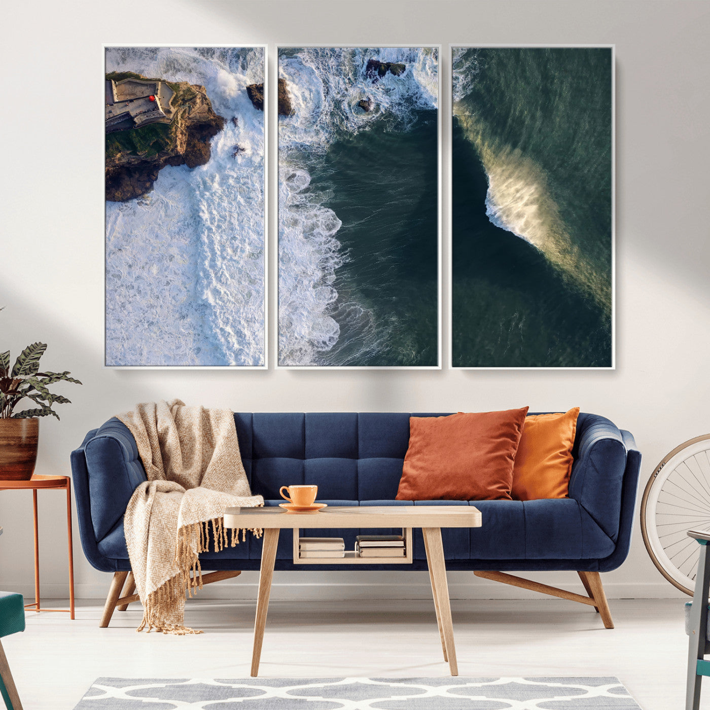 MGV-FC-48X32-3P - Nazaré Coast Wall Art Canvas Print, Framed Aerial Ocean Art Picture Print, Coastal Fortress Perfect Dramatic Coastal Decor Artwork