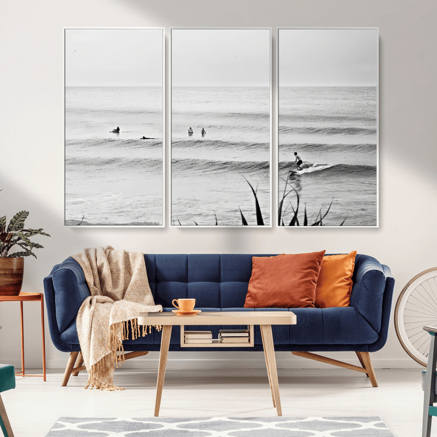 MGV-FC-48X32-3P - Surfer Silhouette Wall Art Canvas Print, Framed Calm Ocean Art Picture Print, Monochrome Surf Perfect Minimalist Coastal Decor Artwork