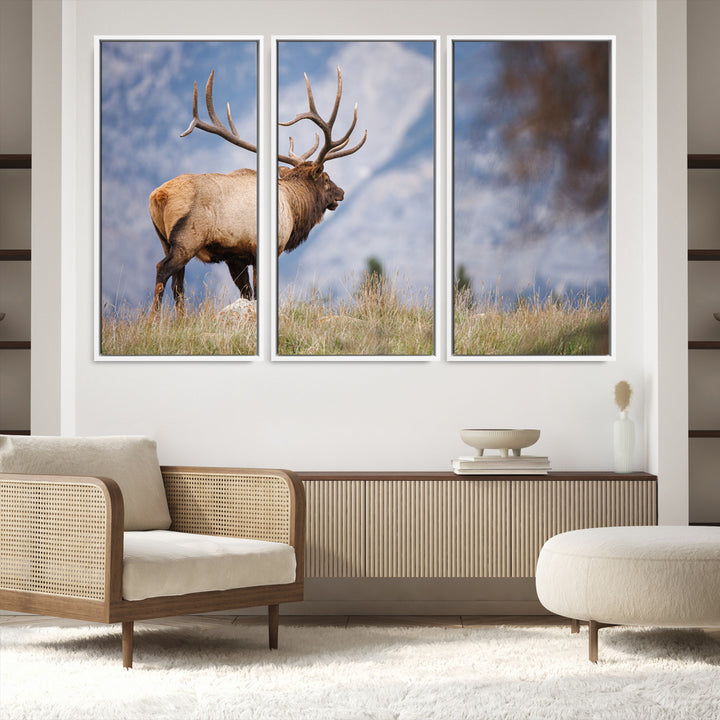 Rustic Elk Wall Art Canvas Print, Wildlife Antler Print, Framed Western Hunting Lodge Art Print