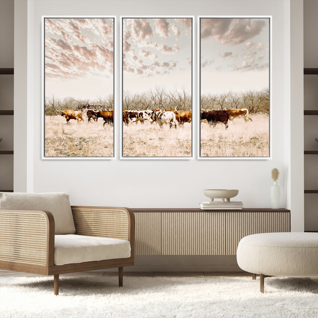 Longhorn Cattle Wall Art Canvas Print, Texas Ranch Print, Framed Western Cow Art Print, Large Prairie Landscape Printing Perfect for Western Decor