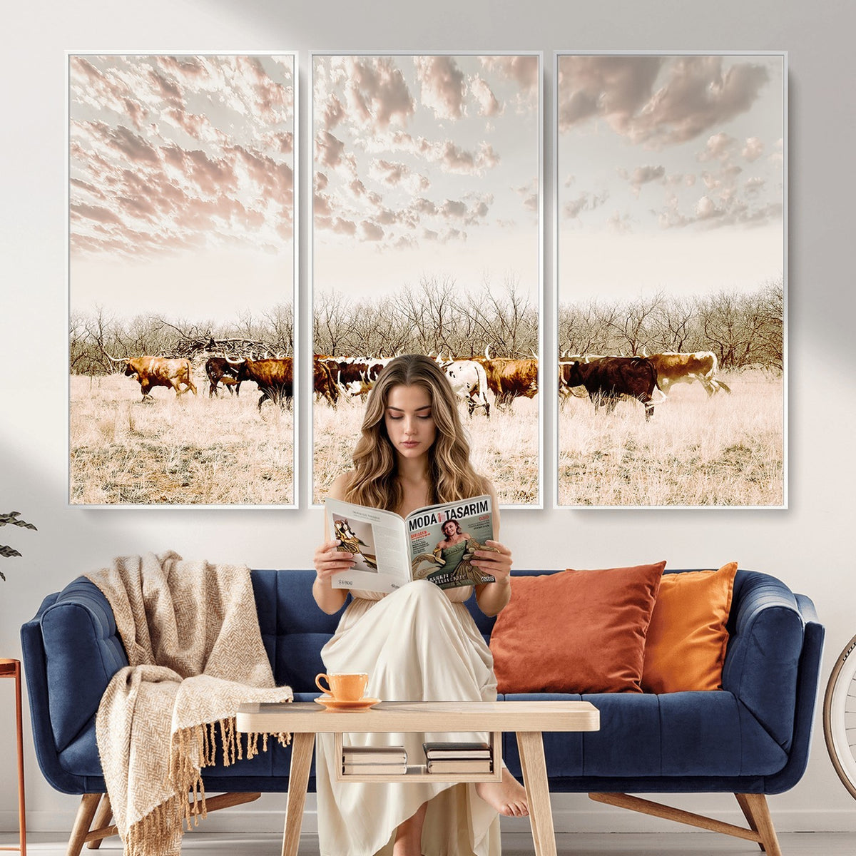 64892775-MGV-CV-24X16 - Longhorn Cattle Wall Art Canvas Print, Framed Texas Ranch Art, Western Cow Print, Prairie Landscape Decor