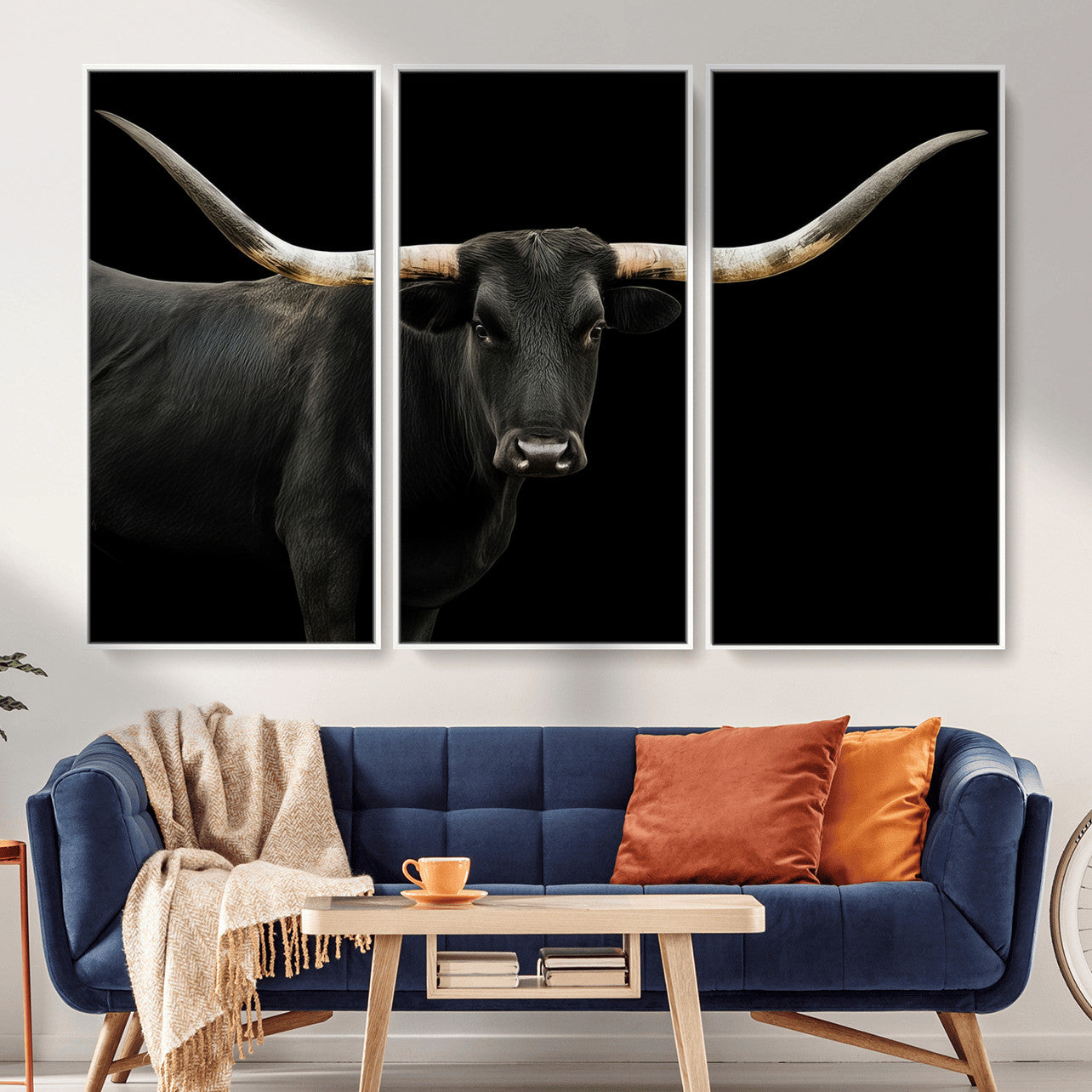 99448328-MGV-CV-36X24 - Longhorn Cattle Wall Art Canvas Print, Framed Texas Black Bull Art Picture Print, Western Cow Perfect Farmhouse Decor Artwork