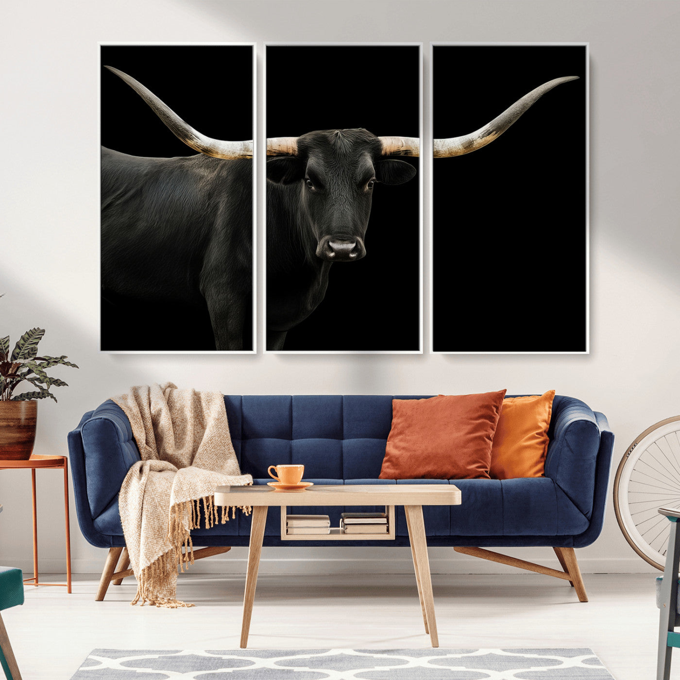 MGV-FC-48X32-3P - Longhorn Cattle Wall Art Canvas Print, Framed Texas Ranch Art Picture Print, Western Cow Perfect Farmhouse Decor Artwork