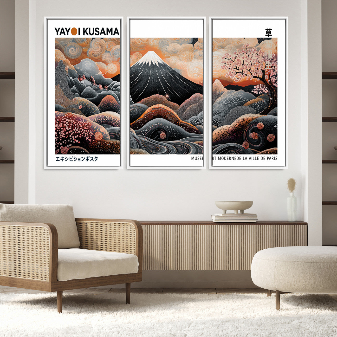 63125329-MGV-FC-48X32-3P-Yayoi Kusama Wall Art Canvas Print, Framed Contemporary Dot Art Picture Print, Japanese Style Perfect Japanese Decor
