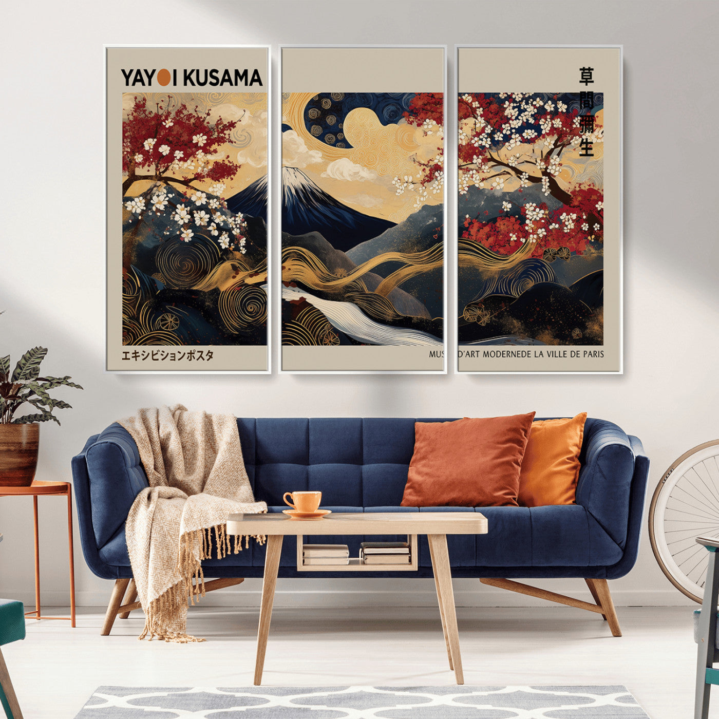 MGV-FC-48X32-3P - Modern Japanese Wall Art, Yayoi Kusama Japanese Print Wall Art, Abstract Mount Fuji Canvas Print,