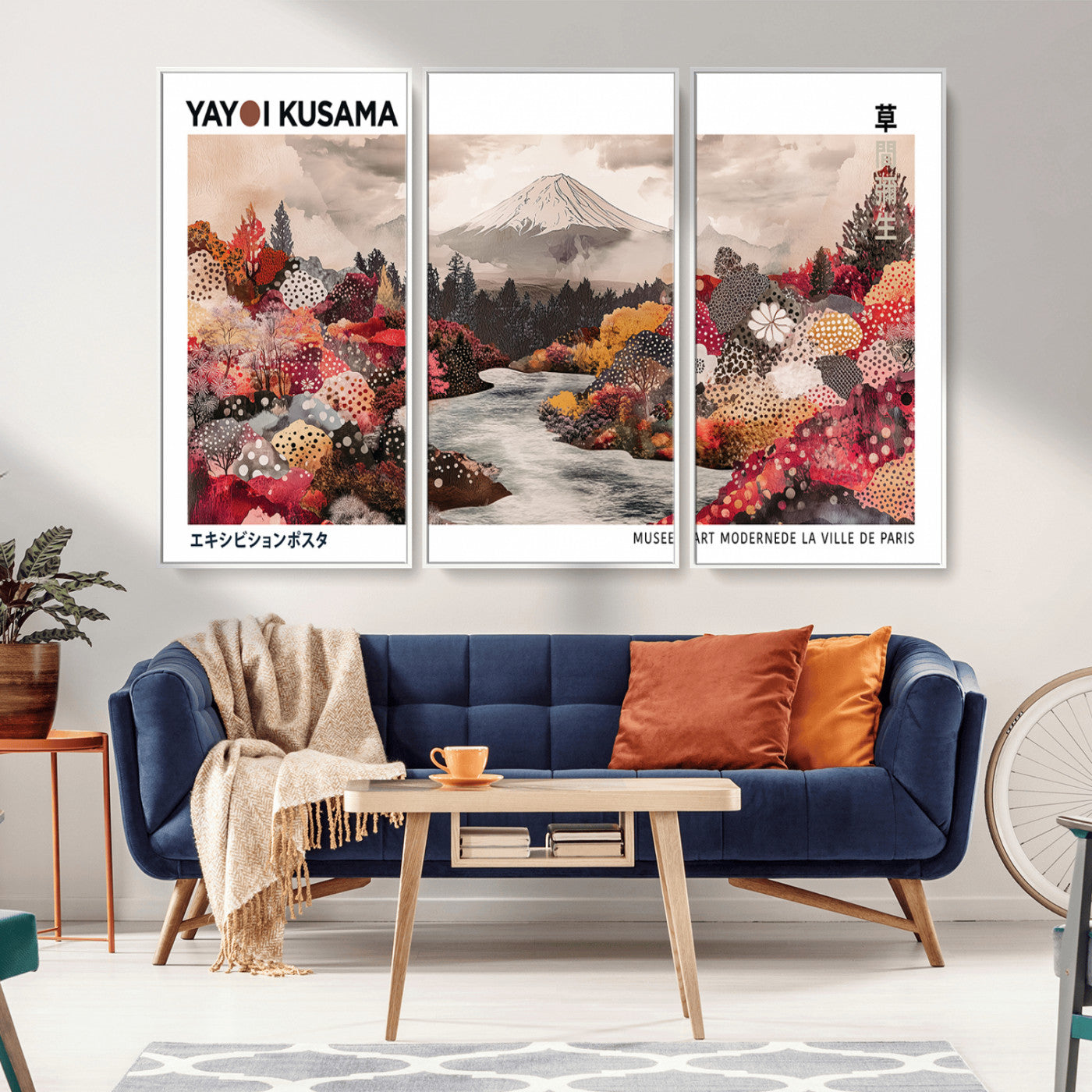 MGV-FC-48X32-3P - Modern Japanese Wall Art Print, Yayoi Kusama Canvas Wall Art, Abstract Mount Fuji Art Canvas Print,