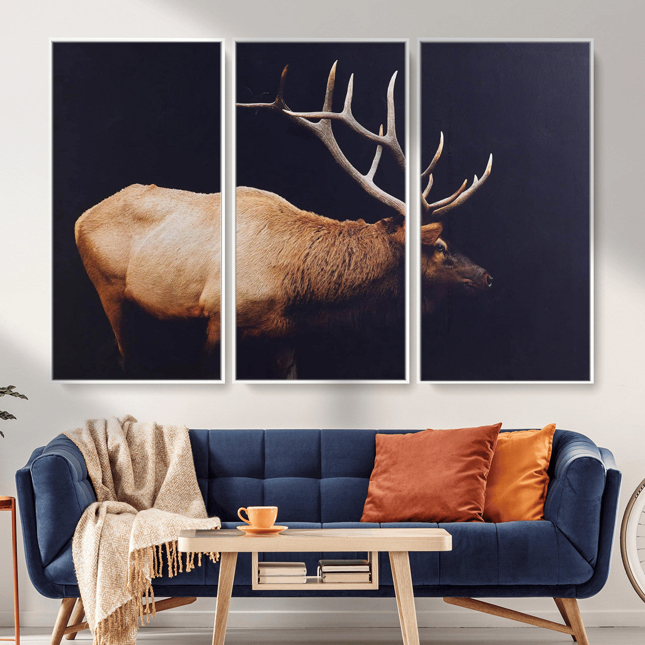 89239257-MGV-FC-48X32-3P - Rustic Elk Wall Art Canvas Print – Framed Moody Wildlife Art Picture Western Animal Artwork for Home, Office
