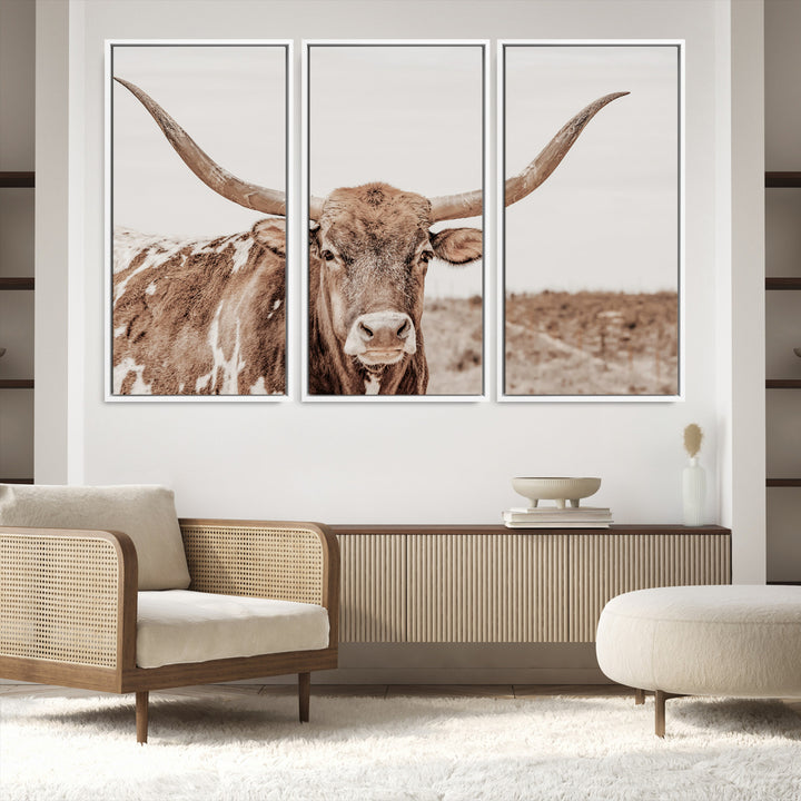 Longhorn Bull Photo Wall Art Canvas Print, Framed Rustic Cow Art Picture Print, Neutral Farmhouse Perfect Rustic Neutral Farmhouse Decor