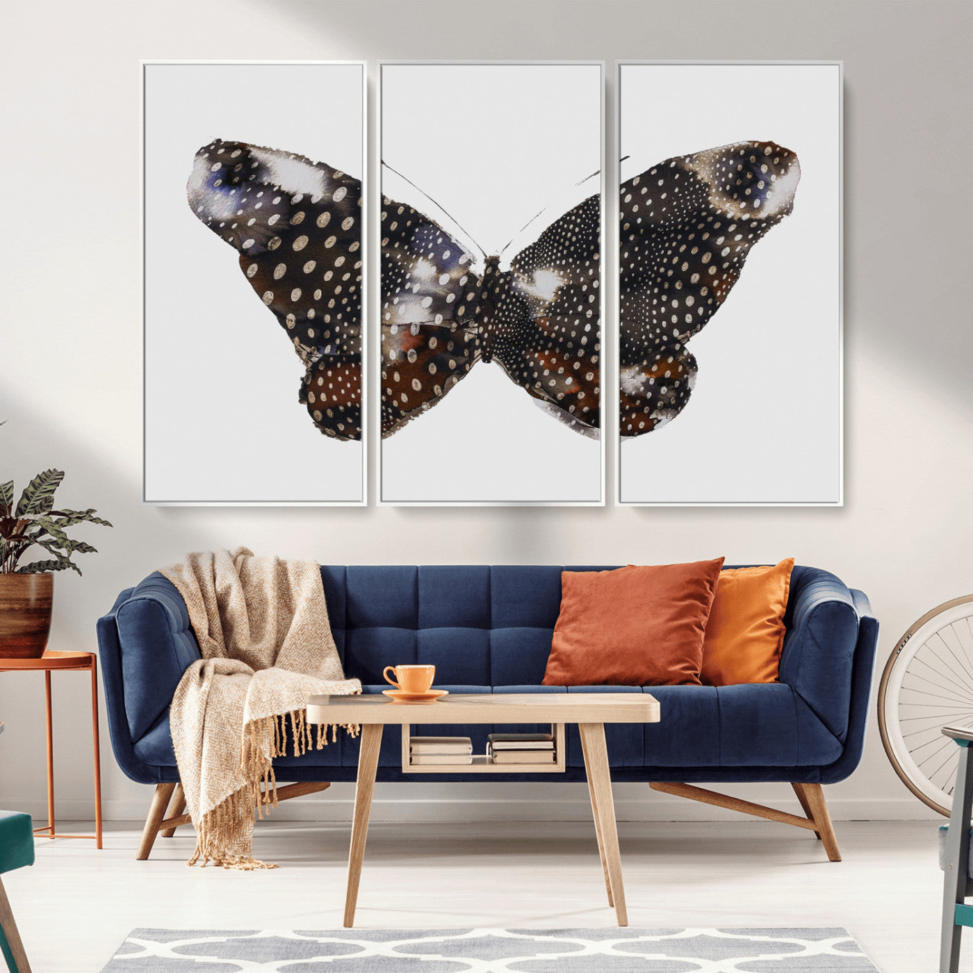 MGV-FC-48X32-3P - Spotted Butterfly Wall Art Canvas Print, Framed Neutral Insect Theme Art Picture Print, Earthy Wing Pattern Perfect Modern Rustic Decor Artwork