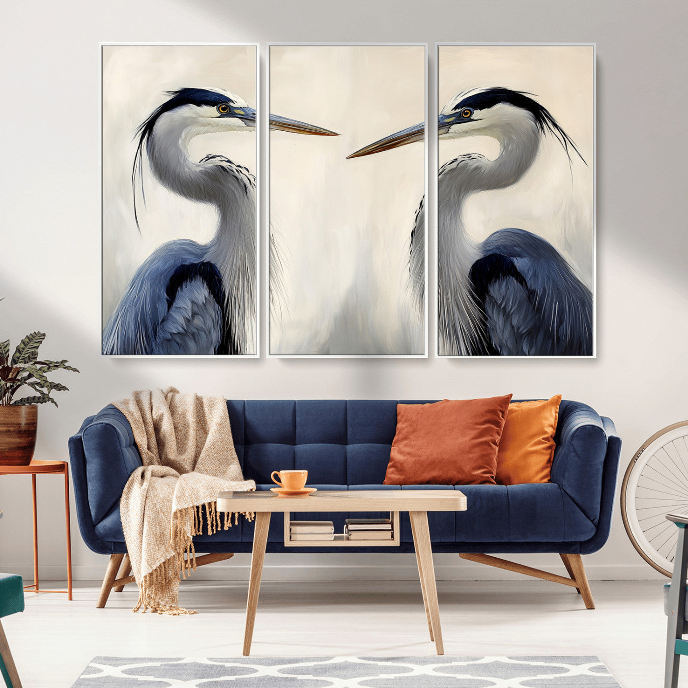 MGV-FC-48X32-3P - Blue Heron Pair Wall Art Canvas Print, Framed Coastal Bird Theme Art Picture Print, Tranquil Wildlife Scene Perfect Coastal Minimalist Decor Artwork