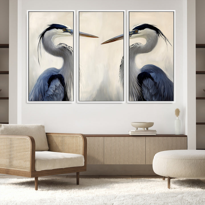 Blue Heron Pair Wall Art Canvas Print, Coastal Bird Theme Print, Framed Tranquil Wildlife Scene Art Print, Large Nature Inspired Decor Printing