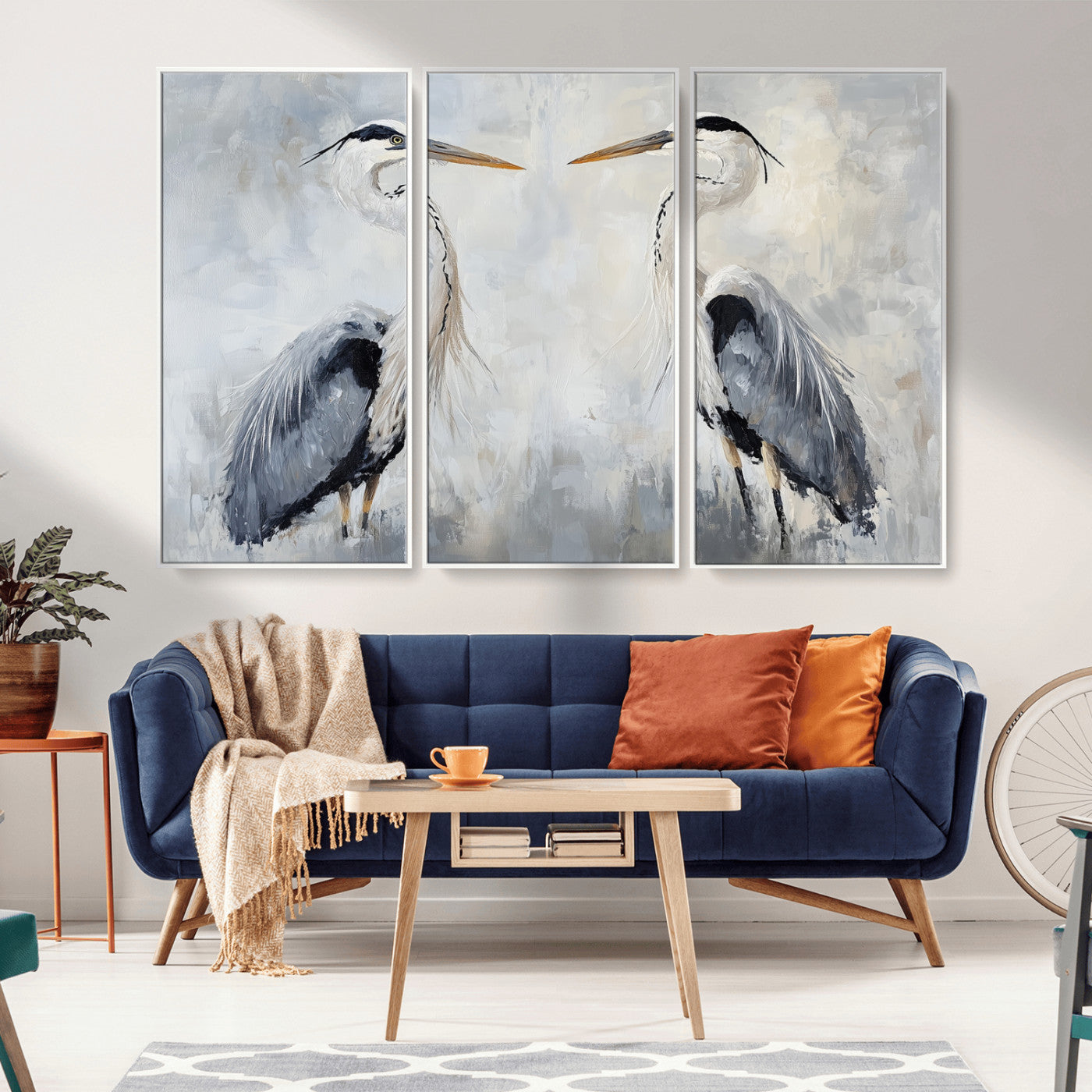 MGV-FC-48X32-3P - Heron Wall Art Wall Art Canvas Print, Framed Bird Canvas Decor Art Picture Print, Nature Inspired Perfect Coastal Minimalist Decor Artwork