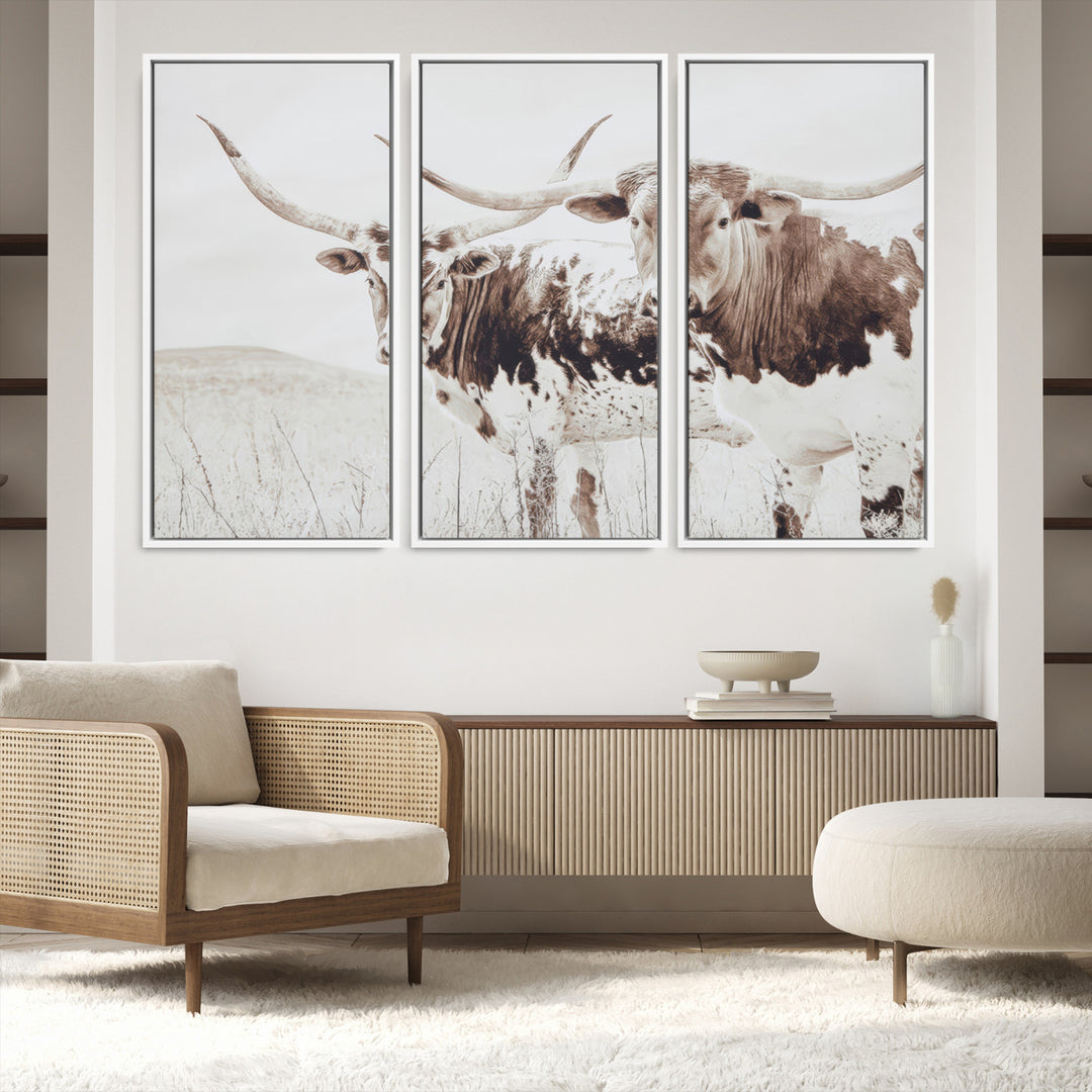 Longhorn Wall Art Wall Art Canvas Print, Western Cow Canvas Print, Framed Rustic Farm Decor Art Print, Large Neutral Animal Scene Printing