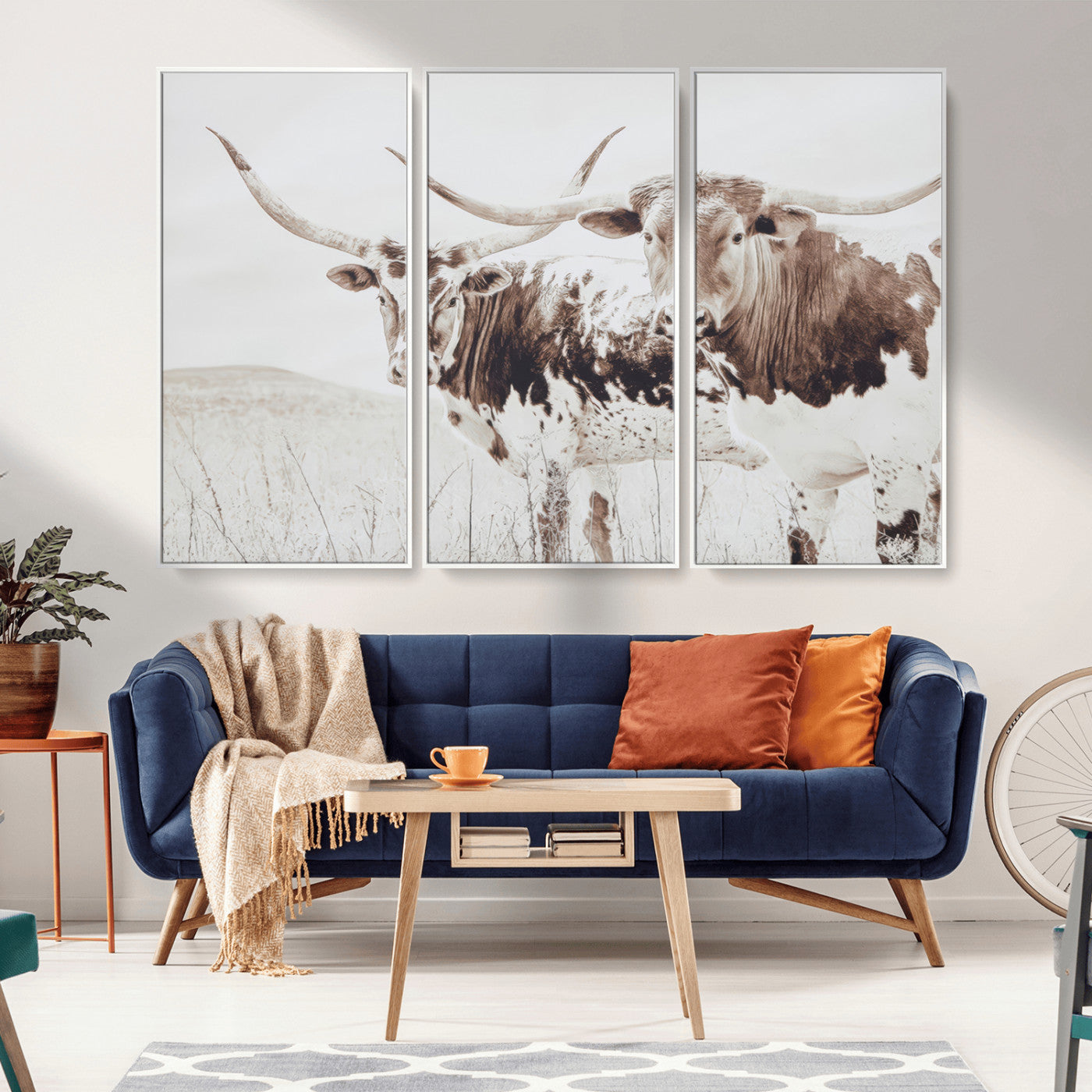 MGV-FC-48X32-3P - Longhorn Wall Art Wall Art Canvas Print, Framed Western Cow Canvas Art Picture Print, Rustic Farm Decor Perfect Rustic Farmhouse Decor Artwork