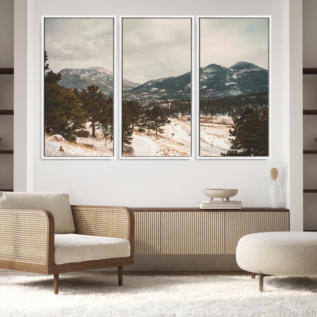 Mountain Landscape Wall Art Canvas Print, Framed Snowy Peaks Art Picture Print, Alpine Aesthetic Perfect Rustic Winter Decor Artwork