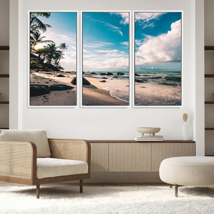 Tropical Beach Wall Art Canvas Print, Framed Ocean Waves Art Picture Print, Relaxing Seascape Perfect Tropical Coastal Decor Artwork