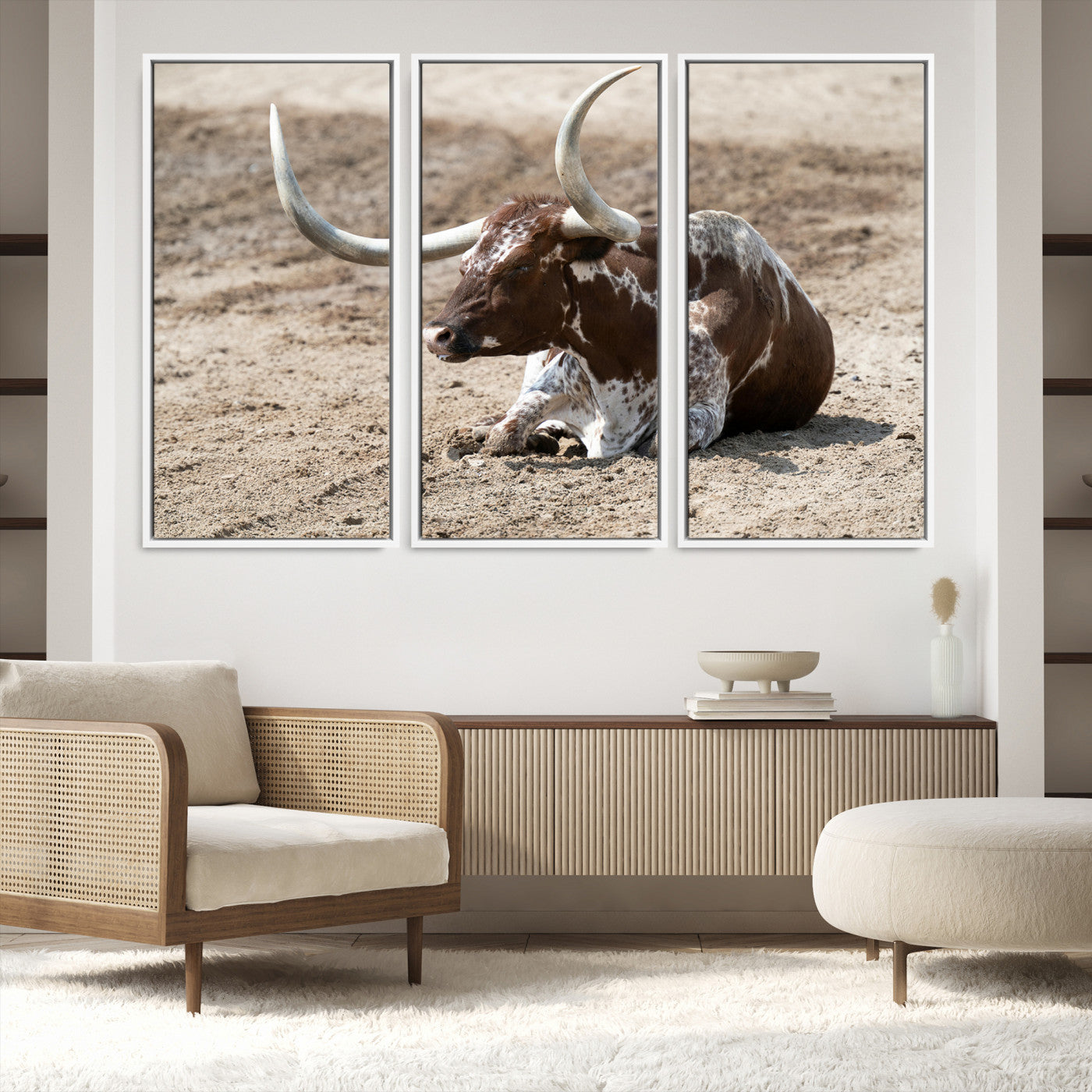 76549210-MGV-FC-48X32-3P_White-Texas Longhorn Wall Art Canvas Print, Framed Country Living Art Picture Print, Farmhouse Perfect Western Decor Artwork
