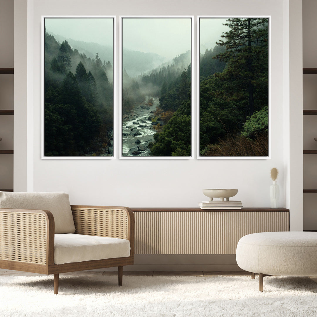 Misty Forest Wall Art Canvas Print, Framed Foggy River Art Picture Print, Moody Landscape Perfect Wilderness Decor Artwork