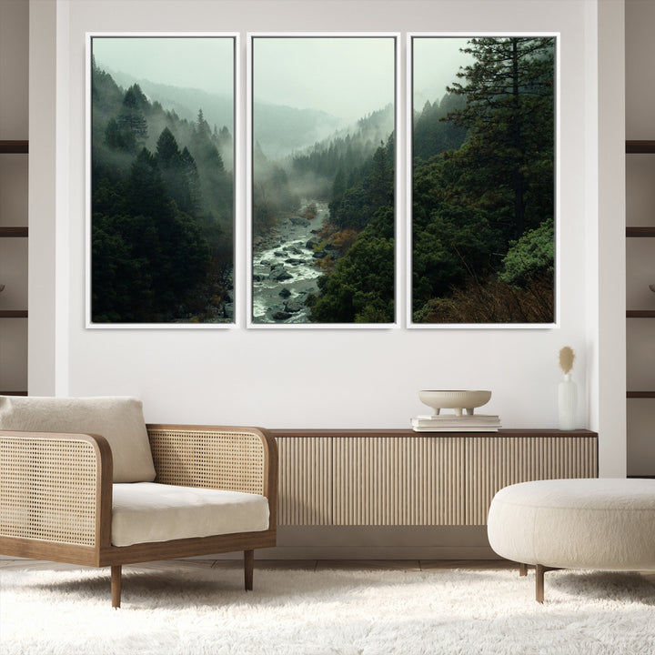 Misty Forest Wall Art Canvas Print, Framed Foggy River Art Picture Print, Moody Landscape Perfect Wilderness Decor Artwork