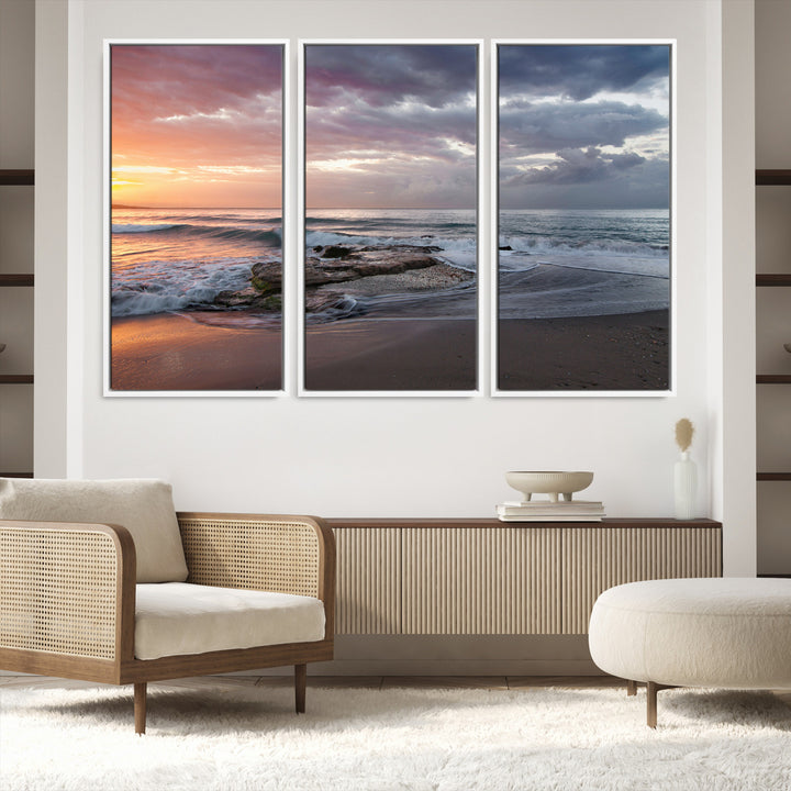 Golden Hour Wall Art Canvas Print, Framed Tranquil Waves Art Picture Print, Beach Perfect Coastal Serenity Decor Artwork