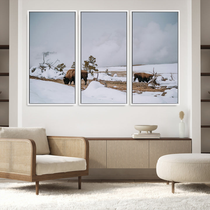 Bison Wildlife Wall Art Canvas Print, Framed Snowy Prairie Art Picture Print, Western Perfect Rustic Decor Artwork